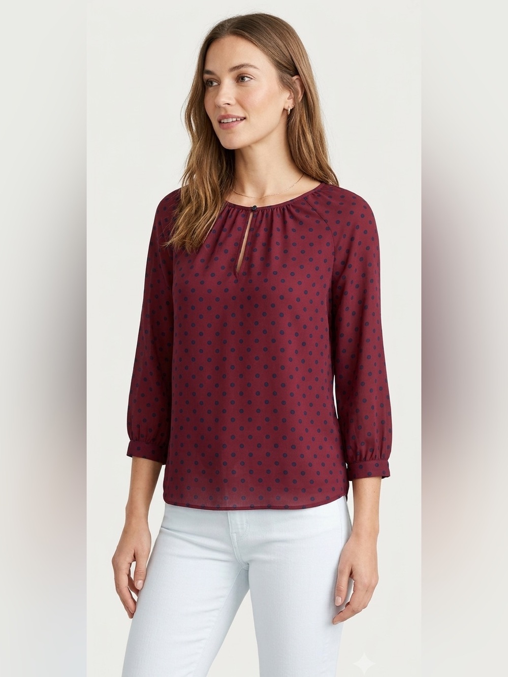 J Crew Burgundy Blue Dot 3/4 Sleeve Keyhole Blouse Women’s Size Small